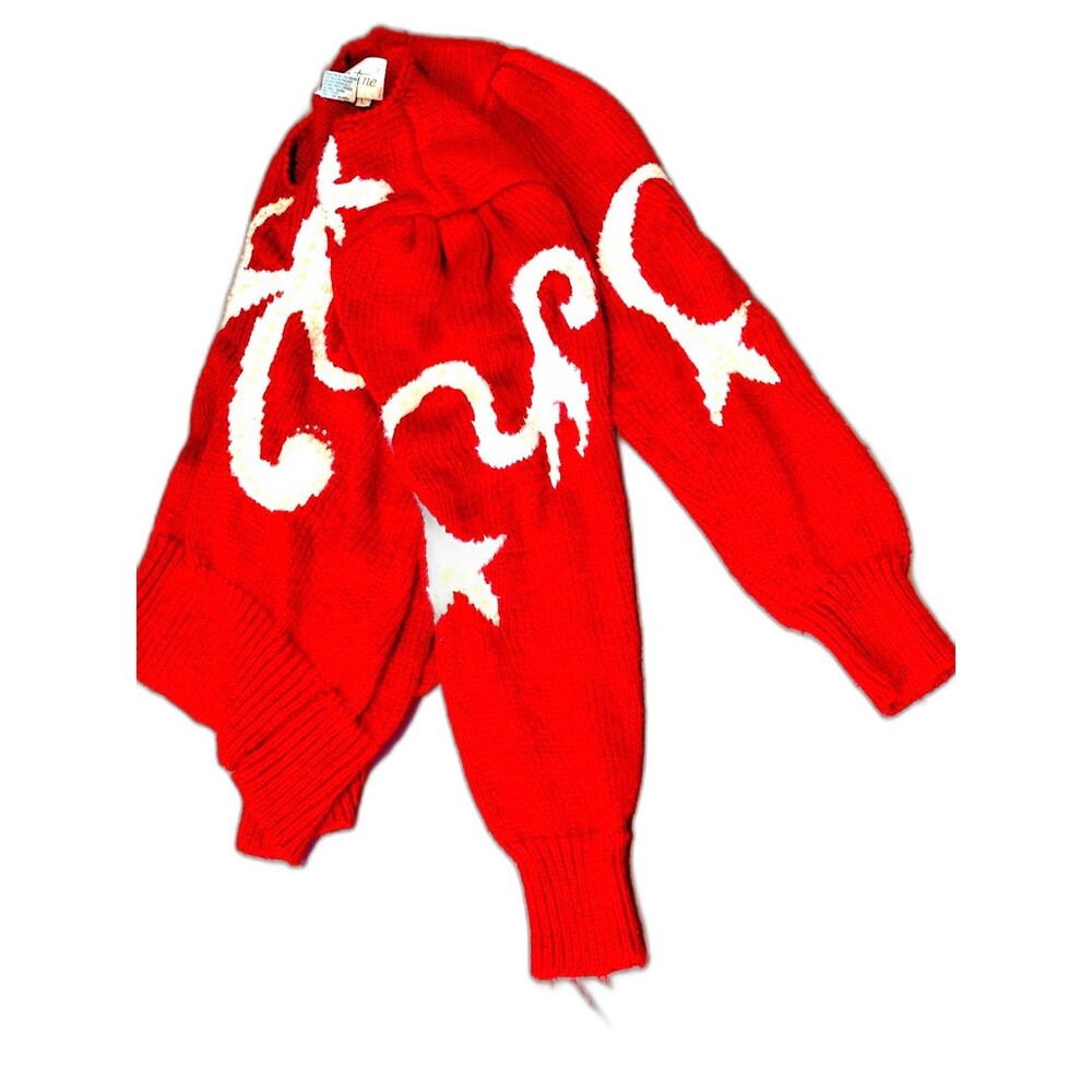 Vintage Christine Red & White Knit Sweater Puff Sleeve V-Neck 1980s · Size L